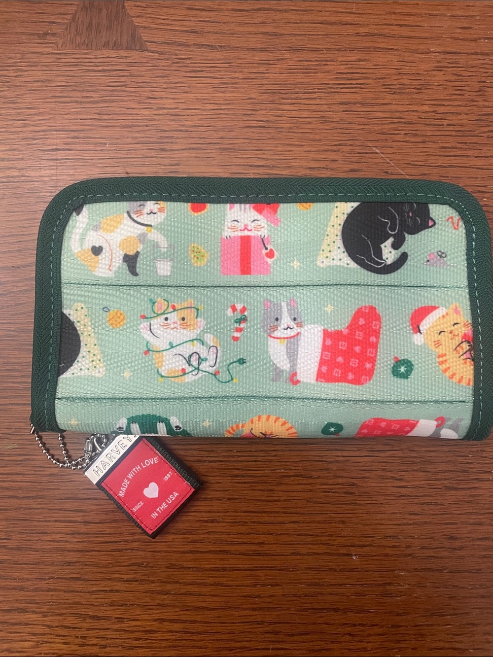 Harveys Meow Christmas Cute Cat Print Zipper Wallet in Mint Green